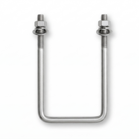 A stainless steel U-bolt with two hex nuts on the ends, shown on a clean white background.