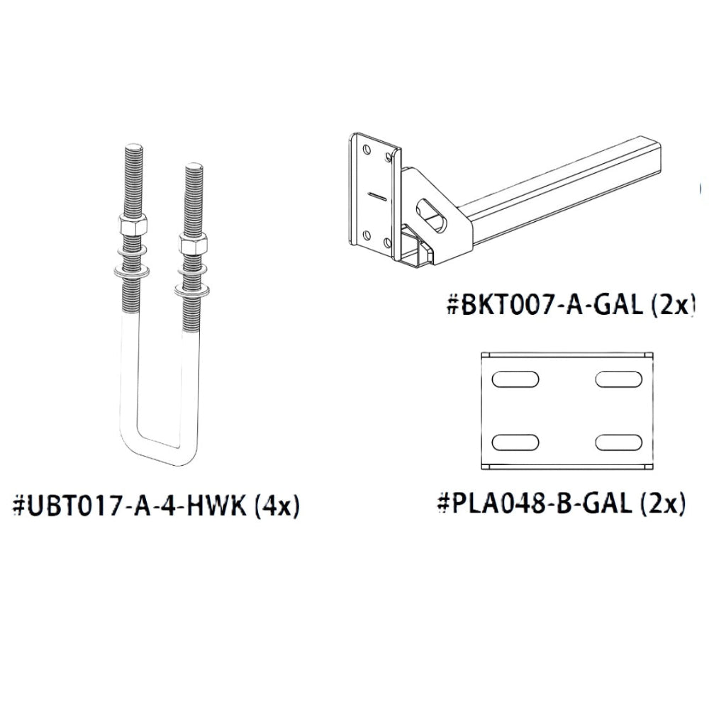 Technical drawing of hardware components including bolts and brackets on a white background