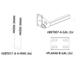 Technical drawing of hardware components including bolts and brackets on a white background